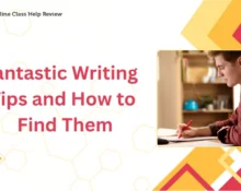 Fantastic Writing Tips and How to Find Them title slide with a man writing at a desk.