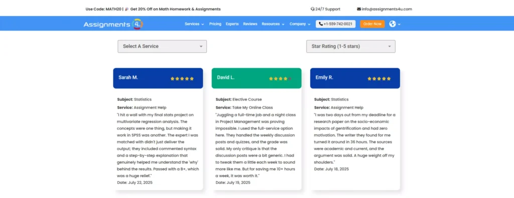 Screenshot of Assignments4u website featuring customer testimonials from Sarah, David, and Emily with five star ratings