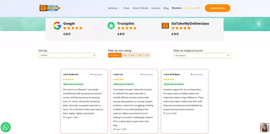 GoTakeMyOnlineClass review section showing high ratings from Google and Trustpilot with verified student testimonials for math
