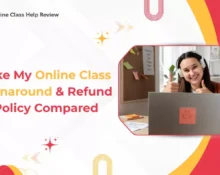 Graphic for Take My Online Class Turnaround & refund policy compared featuring a smiling student wearing headphones