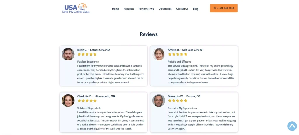USATakeMyOnlineClass reviews page displaying four student testimonials with photos, star ratings, and locations across the country
