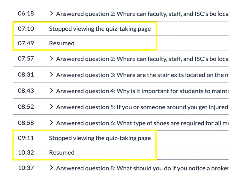Canvas quiz action log showing timestamps for stopped viewing the quiz-taking page and resumed events highlighted in yellow